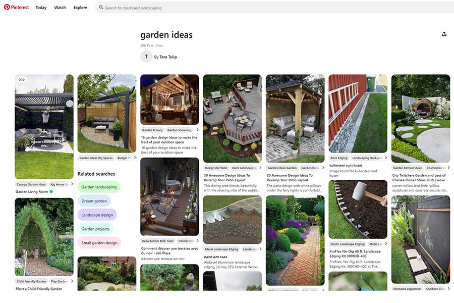 Screen shot of the Pinterest website showing lots of garden design examples